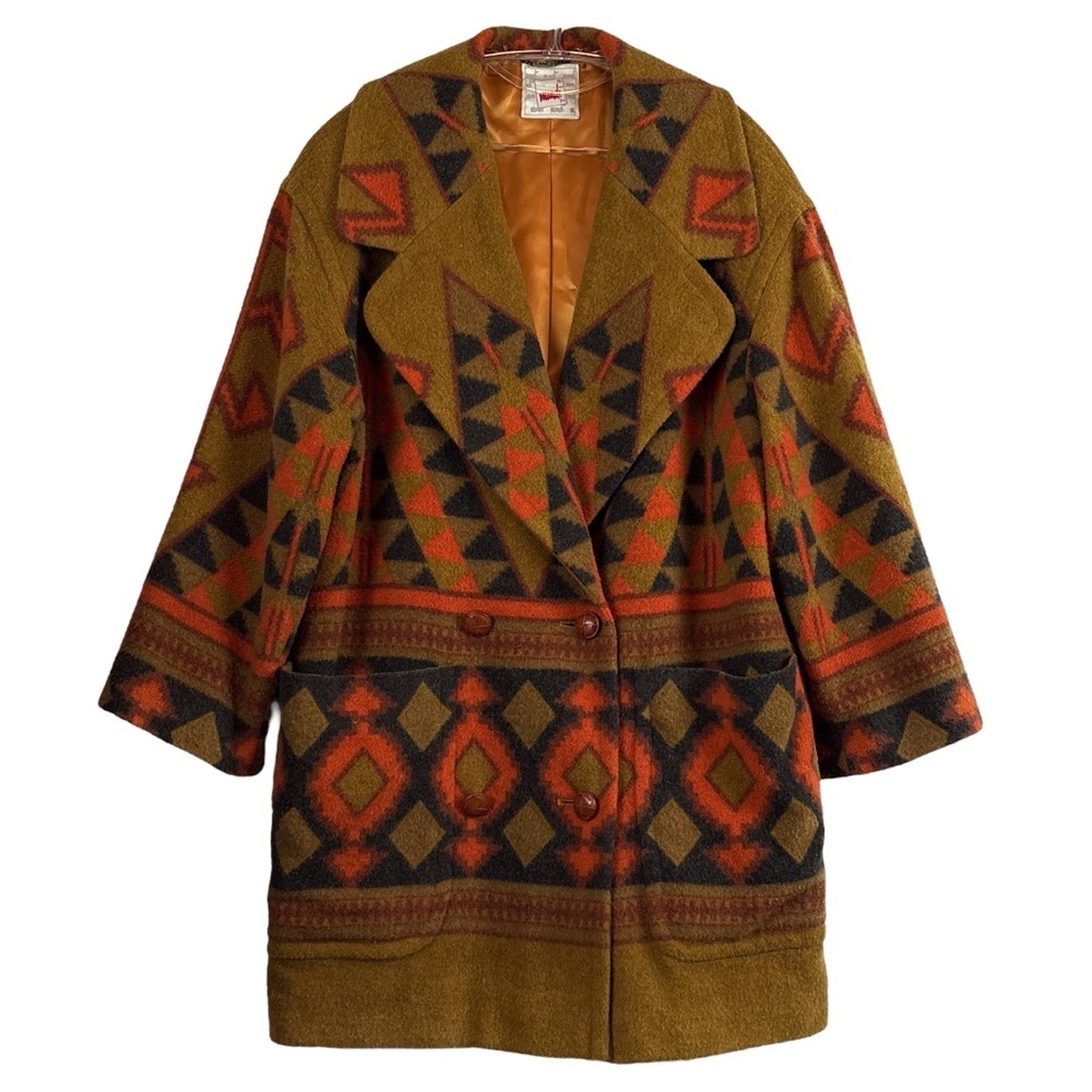 Vtg Mondi New Wool Southwest Aztec Navajo Buttoned Coat Jacket Tan Size 34 Small